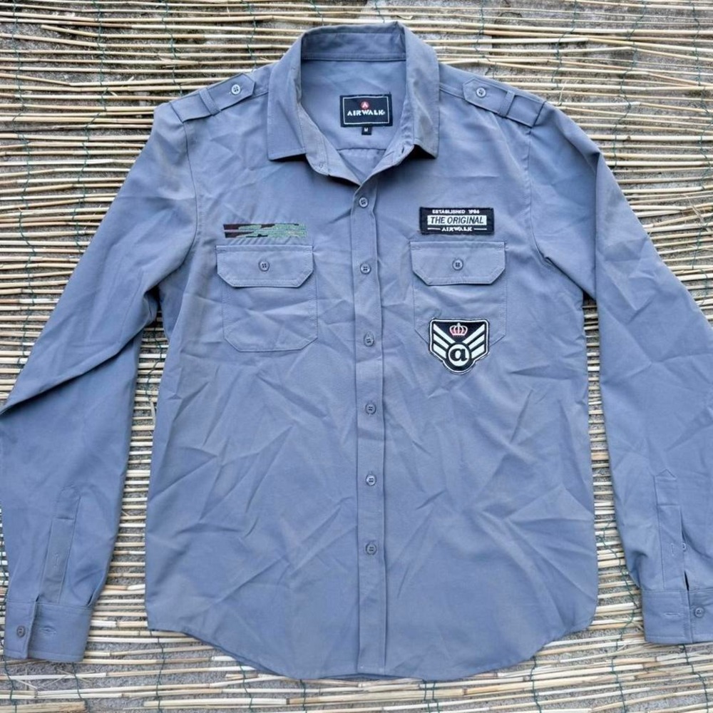 Airwalk Y2K Military Style Long Sleeve Button Up Shirt Gray Medium‎ Skate 90s